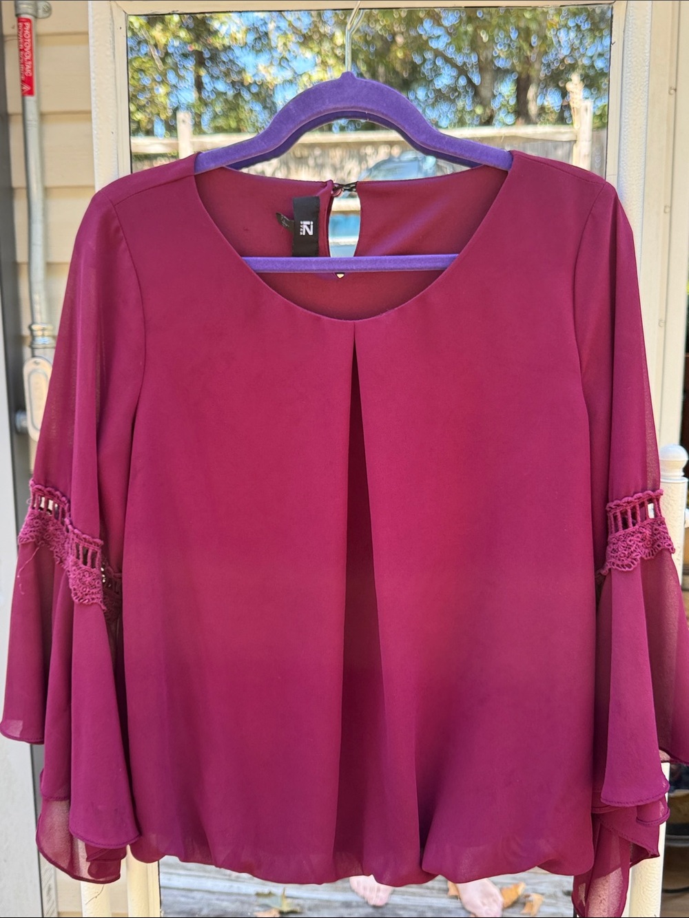 IZ Byer Raspberry Crochet Bell Sleeve Blouse